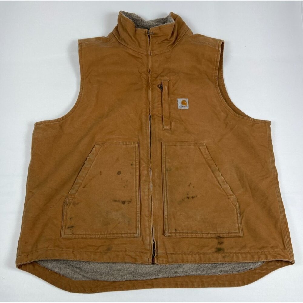 Carhartt Mens Large Brown Canvas Sherpa Lined Mock Neck Vest 104277-BRN